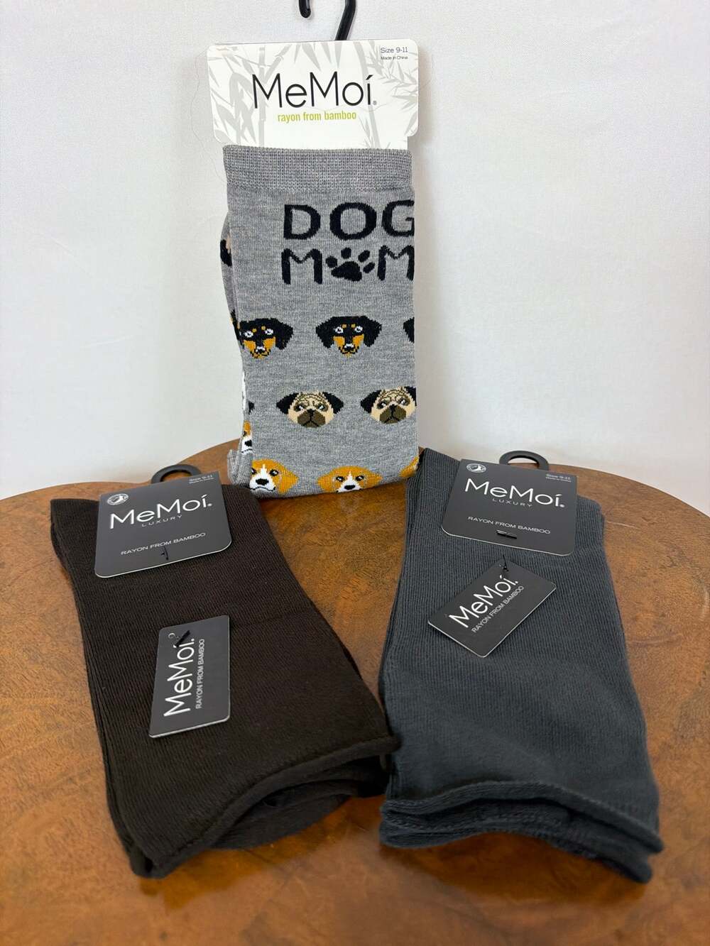 NWT MeMoi 3 Pack Womens Bamboo Crew Socks Espresso Gray Dog Mom 9-11 shoe 4-10